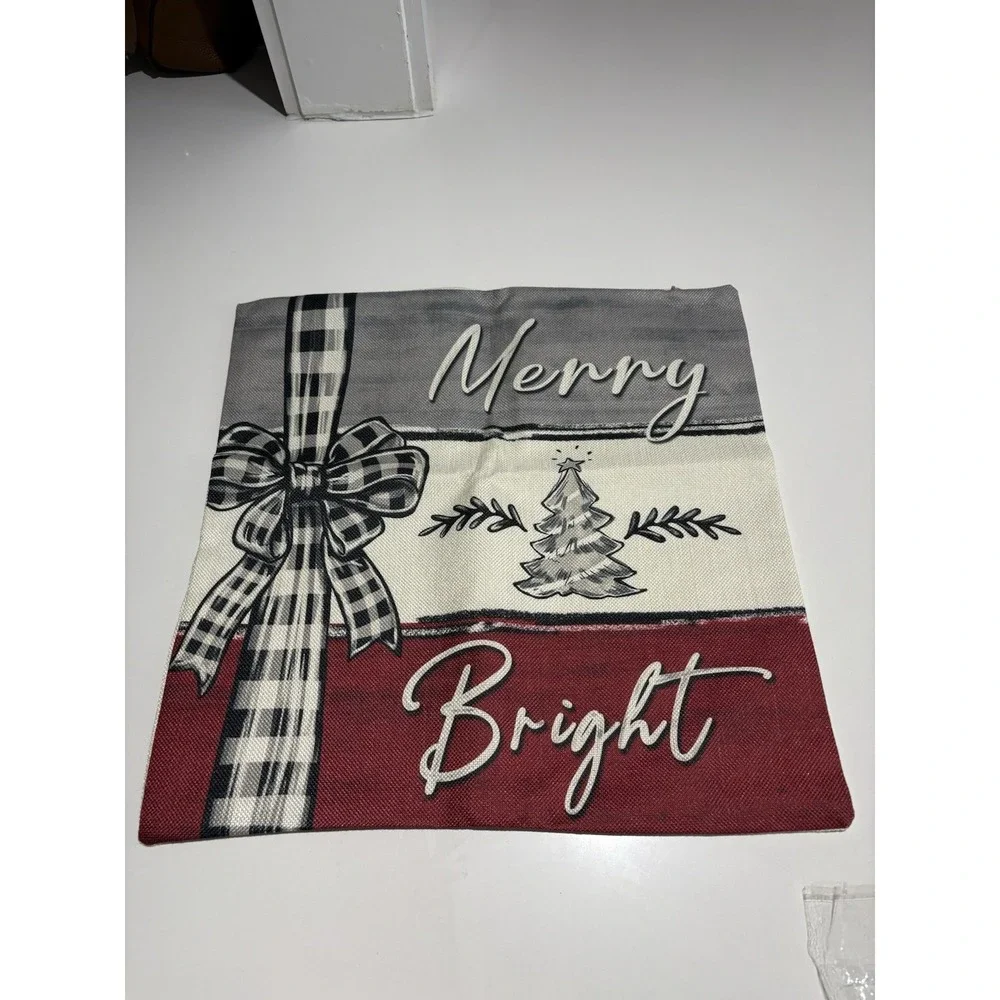 MERRY/BRIGHT Christmas Burlap Throw Pillow Cover 16x16 Winter Holiday 4 PCs‎